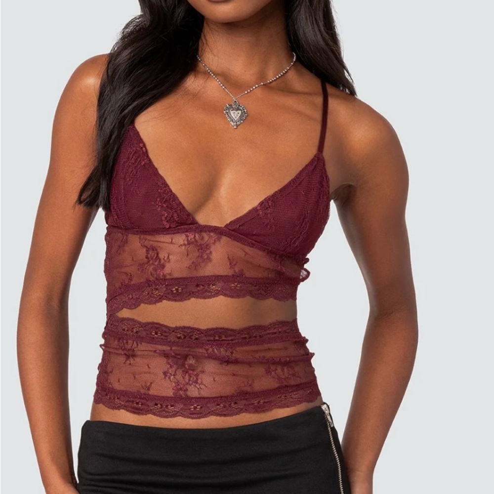 edikted spice cut out sheer lace tank top